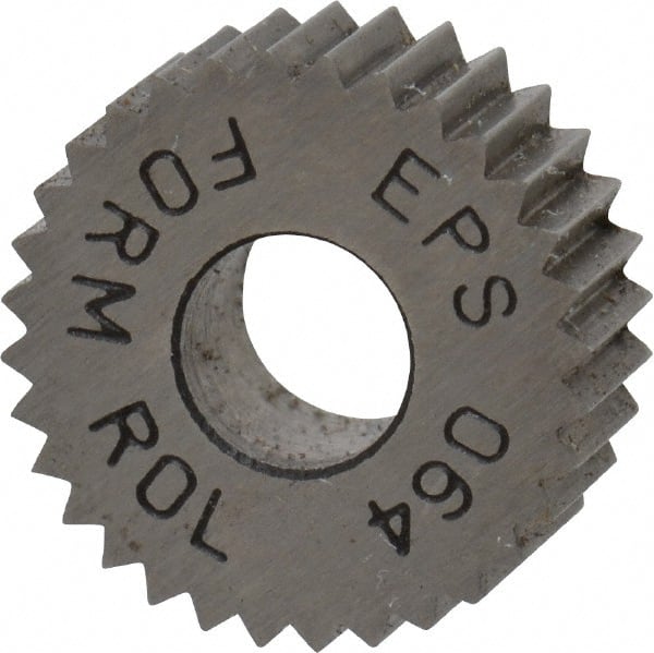Made in USA - 1/2" Diam, 80° Tooth Angle, Standard (Shape), Form Type High Speed Steel Straight Knurl Wheel - 3/16" Face Width, 3/16" Hole, 64 Diametral Pitch, Bright Finish, Series EP - Exact Tooling