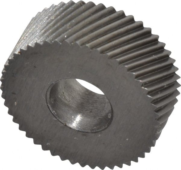 Made in USA - 1/2" Diam, 80° Tooth Angle, Standard (Shape), Form Type High Speed Steel Right-Hand Diagonal Knurl Wheel - 3/16" Face Width, 3/16" Hole, 96 Diametral Pitch, 30° Helix, Bright Finish, Series EP - Exact Tooling