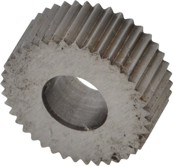 Made in USA - 5/8" Diam, 80° Tooth Angle, Standard (Shape), Form Type High Speed Steel Straight Knurl Wheel - 1/4" Face Width, 1/4" Hole, 64 Diametral Pitch, Bright Finish, Series GK - Exact Tooling