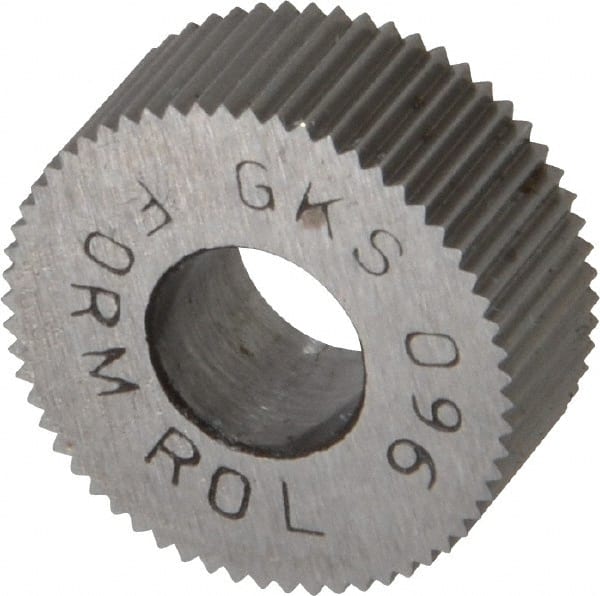Made in USA - 5/8" Diam, 80° Tooth Angle, Standard (Shape), Form Type High Speed Steel Straight Knurl Wheel - 1/4" Face Width, 1/4" Hole, 96 Diametral Pitch, Bright Finish, Series GK - Exact Tooling