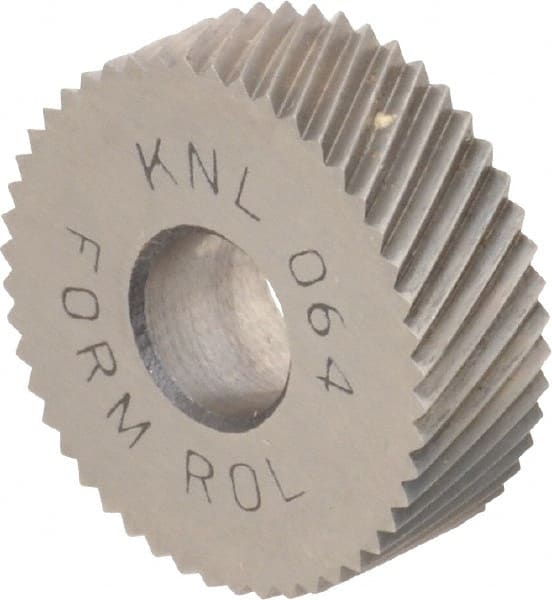 Made in USA - 3/4" Diam, 80° Tooth Angle, Standard (Shape), Form Type High Speed Steel Left-Hand Diagonal Knurl Wheel - 1/4" Face Width, 1/4" Hole, 64 Diametral Pitch, 30° Helix, Bright Finish, Series KN - Exact Tooling