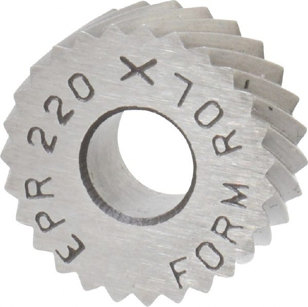 Made in USA - 1/2" Diam, 90° Tooth Angle, 20 TPI, Standard (Shape), Form Type Cobalt Right-Hand Diagonal Knurl Wheel - 3/16" Face Width, 3/16" Hole, Circular Pitch, 30° Helix, Bright Finish, Series EP - Exact Tooling