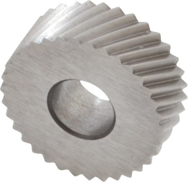Made in USA - 1/2" Diam, 90° Tooth Angle, 25 TPI, Standard (Shape), Form Type Cobalt Right-Hand Diagonal Knurl Wheel - 3/16" Face Width, 3/16" Hole, Circular Pitch, 30° Helix, Bright Finish, Series EP - Exact Tooling
