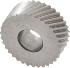 Made in USA - 1/2" Diam, 90° Tooth Angle, 25 TPI, Standard (Shape), Form Type Cobalt Right-Hand Diagonal Knurl Wheel - 3/16" Face Width, 3/16" Hole, Circular Pitch, 30° Helix, Bright Finish, Series EP - Exact Tooling