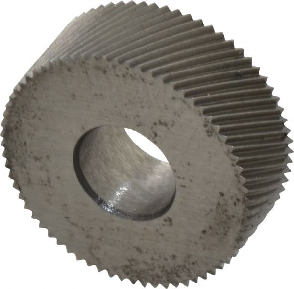 Made in USA - 1/2" Diam, 70° Tooth Angle, 50 TPI, Standard (Shape), Form Type Cobalt Right-Hand Diagonal Knurl Wheel - 3/16" Face Width, 3/16" Hole, Circular Pitch, 30° Helix, Bright Finish, Series EP - Exact Tooling