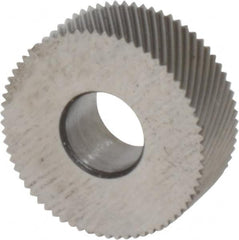Made in USA - 1/2" Diam, 70° Tooth Angle, 50 TPI, Standard (Shape), Form Type Cobalt Left-Hand Diagonal Knurl Wheel - 3/16" Face Width, 3/16" Hole, Circular Pitch, 30° Helix, Bright Finish, Series EP - Exact Tooling