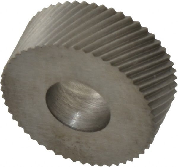 Made in USA - 5/8" Diam, 90° Tooth Angle, 30 TPI, Standard (Shape), Form Type Cobalt Right-Hand Diagonal Knurl Wheel - 1/4" Face Width, 1/4" Hole, Circular Pitch, 30° Helix, Bright Finish, Series GK - Exact Tooling