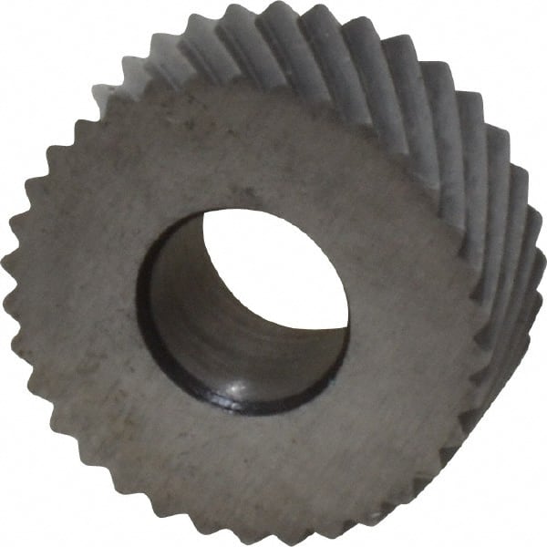 Made in USA - 5/8" Diam, 90° Tooth Angle, 20 TPI, Standard (Shape), Form Type Cobalt Left-Hand Diagonal Knurl Wheel - 1/4" Face Width, 1/4" Hole, Circular Pitch, 30° Helix, Bright Finish, Series GK - Exact Tooling