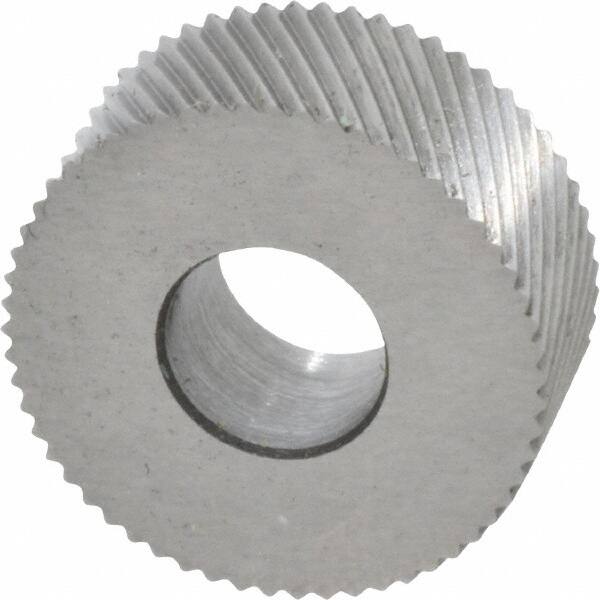 Made in USA - 5/8" Diam, 90° Tooth Angle, 35 TPI, Standard (Shape), Form Type Cobalt Left-Hand Diagonal Knurl Wheel - 1/4" Face Width, 1/4" Hole, Circular Pitch, 30° Helix, Bright Finish, Series GK - Exact Tooling