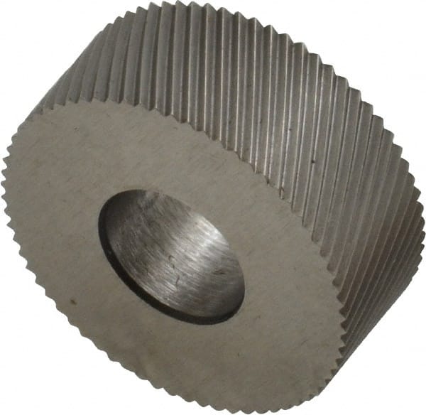 Made in USA - 5/8" Diam, 70° Tooth Angle, 40 TPI, Standard (Shape), Form Type Cobalt Left-Hand Diagonal Knurl Wheel - 1/4" Face Width, 1/4" Hole, Circular Pitch, 30° Helix, Bright Finish, Series GK - Exact Tooling