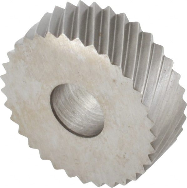 Made in USA - 3/4" Diam, 90° Tooth Angle, 16 TPI, Standard (Shape), Form Type Cobalt Left-Hand Diagonal Knurl Wheel - 1/4" Face Width, 1/4" Hole, Circular Pitch, 30° Helix, Bright Finish, Series KN - Exact Tooling
