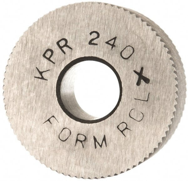Made in USA - 3/4" Diam, 90° Tooth Angle, 40 TPI, Standard (Shape), Form Type Cobalt Right-Hand Diagonal Knurl Wheel - 3/8" Face Width, 1/4" Hole, Circular Pitch, 30° Helix, Bright Finish, Series KP - Exact Tooling