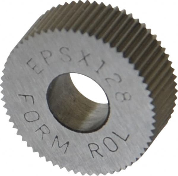 Made in USA - 1/2" Diam, 80° Tooth Angle, Standard (Shape), Form Type Cobalt Straight Knurl Wheel - 3/16" Face Width, 3/16" Hole, 128 Diametral Pitch, Bright Finish, Series EP - Exact Tooling