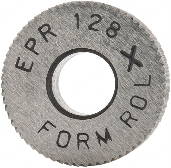 Made in USA - 1/2" Diam, 80° Tooth Angle, Standard (Shape), Form Type Cobalt Right-Hand Diagonal Knurl Wheel - 3/16" Face Width, 3/16" Hole, 128 Diametral Pitch, 30° Helix, Bright Finish, Series EP - Exact Tooling