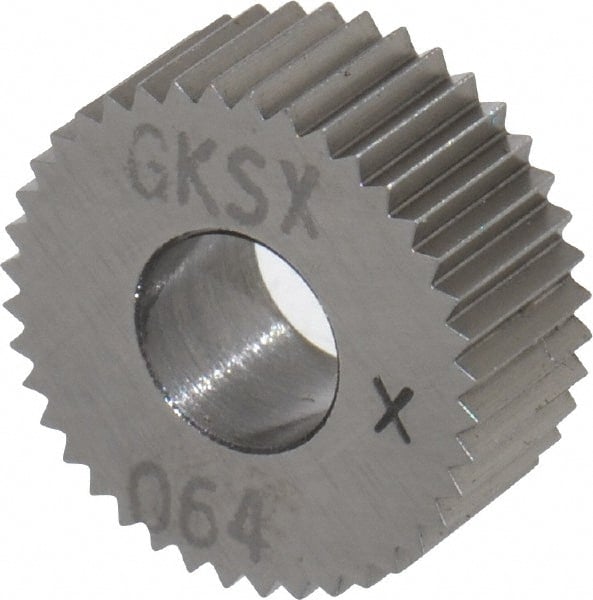 Made in USA - 5/8" Diam, 80° Tooth Angle, Standard (Shape), Form Type Cobalt Straight Knurl Wheel - 1/4" Face Width, 1/4" Hole, 64 Diametral Pitch, Bright Finish, Series GK - Exact Tooling