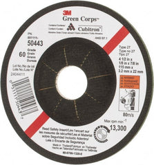 3M - 60 Grit, 4-1/2" Wheel Diam, 1/8" Wheel Thickness, 7/8" Arbor Hole, Type 27 Depressed Center Wheel - Ceramic, 13,300 Max RPM - Exact Tooling