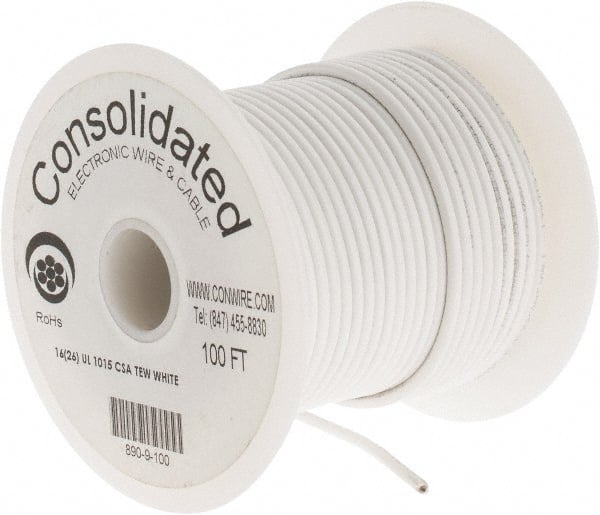 Made in USA - 16 AWG, 26 Strand, 100' OAL, Tinned Copper Hook Up Wire - White PVC Jacket, 0.117" Diam - Exact Tooling