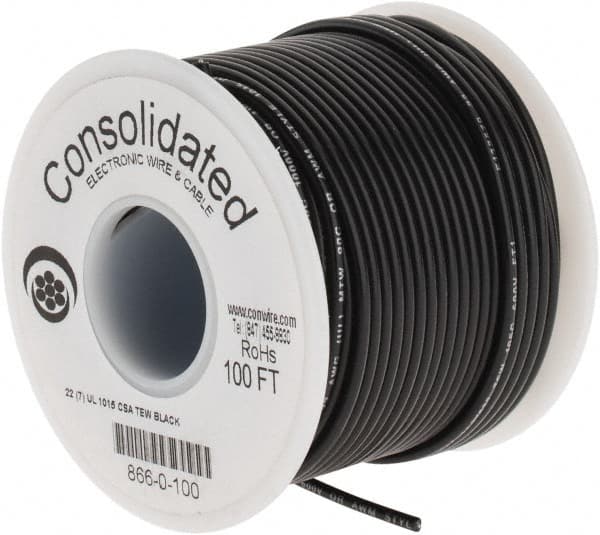 Made in USA - 22 AWG, 7 Strand, 100' OAL, Tinned Copper Hook Up Wire - Black PVC Jacket, 0.091" Diam - Exact Tooling