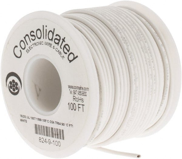 Made in USA - 16 AWG, 26 Strand, 100' OAL, Tinned Copper Hook Up Wire - White PVC Jacket, 0.092" Diam - Exact Tooling