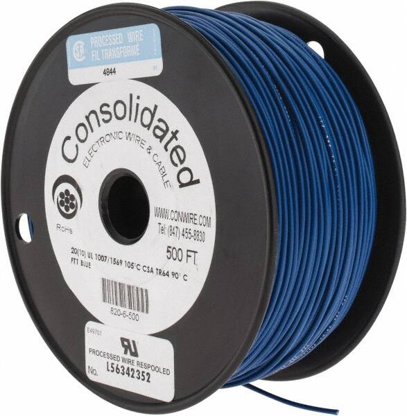 Made in USA - 20 AWG, 10 Strand, 500' OAL, Tinned Copper Hook Up Wire - Blue PVC Jacket, 0.07" Diam - Exact Tooling
