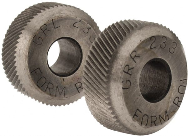 Made in USA - 3/16 Inch Face Width, 5/8 Inch Diameter, High Speed Steel Knurl Wheel Set - 7/32 Inch Hole Diameter, Beveled Face Knurl, Left and Right Hand Diagonal Pattern, Form, GR Series - Exact Tooling