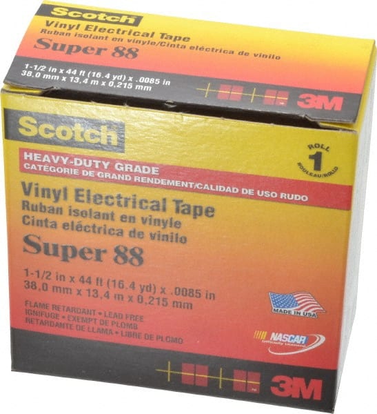 3M - 1-1/2" x 44', Black Vinyl Electrical Tape - Series 88, 8.5 mil Thick, 20 Lb./Inch Tensile Strength - Exact Tooling