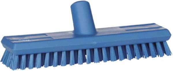 Vikan - 1" Bristle Length, Polyester Scrub Brush - 10-5/8" Long x 2-1/2" Wide Head, 11" OAL, European Threaded Handle, Blue, Polypropylene Block - Exact Tooling