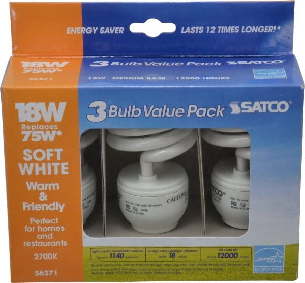 Value Collection - 18 Watt Fluorescent Residential/Office Medium Screw Lamp - 2,700°K Color Temp, 1,200 Lumens, T2, 12,000 hr Avg Life - Exact Tooling