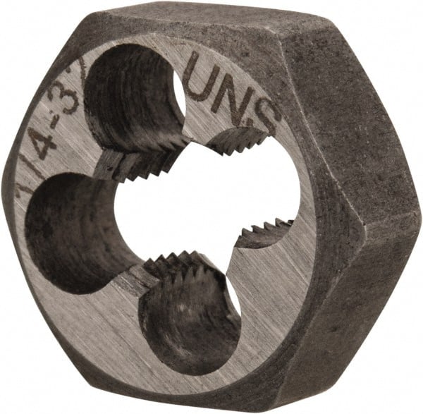 Interstate - 1/4-32 UNEF Thread, 11/16" Hex, Right Hand Thread, Hex Rethreading Die - Carbon Steel, 1/4" Thick - Exact Tooling