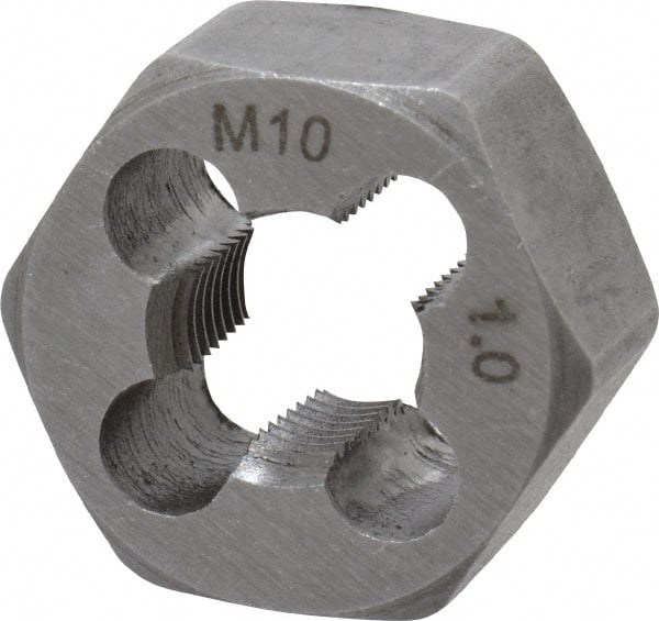Interstate - M10x1.00 Metric Fine Thread, 25/32" Hex, Right Hand Thread, Hex Rethreading Die - Carbon Steel, 7/16" Thick - Exact Tooling