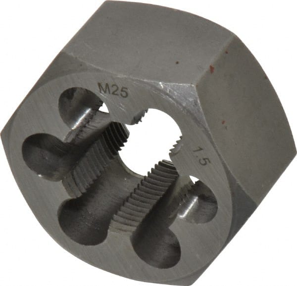 Interstate - M25x1.50 Metric Fine Thread, 1-13/16" Hex, Right Hand Thread, Hex Rethreading Die - Carbon Steel, 1" Thick - Exact Tooling
