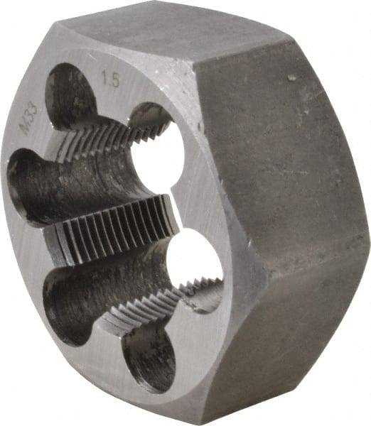 Interstate - M33x1.50 Metric Fine Thread, 2-3/16" Hex, Right Hand Thread, Hex Rethreading Die - Carbon Steel, 1" Thick - Exact Tooling