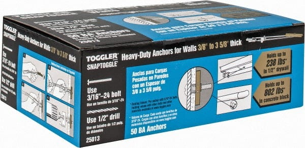 Toggler - 3/16" Screw, 6-1/4" Long, 3/8 to 3-5/8" Thick, Toggle Bolt Drywall & Hollow Wall Anchor - 3/16 - 24" Thread, 1/2" Drill, Zinc Plated, Steel, Grade 1010, Use in Drywall - Exact Tooling