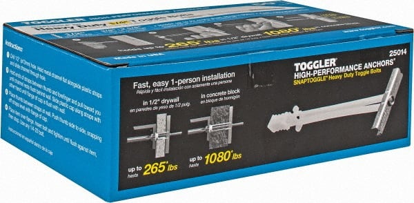 Toggler - 1/4" Screw, 6-1/4" Long, 3/8 to 3-5/8" Thick, Toggle Bolt Drywall & Hollow Wall Anchor - 1/4 - 20" Thread, 1/2" Drill, Zinc Plated, Steel, Grade 1010, Use in Drywall - Exact Tooling