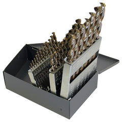 1/16-1/2 RHS / RHC HSS-CO 8% (M42) 135 Degree Split Point Q-Cobalt™ Wide Land Parabolic Jobber Length Drill Set - Straw / Gold Oxide - Exact Tooling
