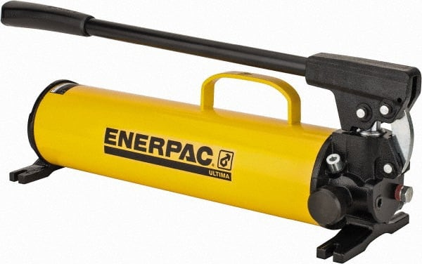 Enerpac - 1" Piston Stroke, 1-1/8" Piston Diam, 1.00, 0.15 Cu In per Stroke, 134 Cu In Reservoir Capacity, Manual Hydraulic Pump - 10,000 psi, 77 Lbs. Max Handle Effort, 2 Stage - Exact Tooling