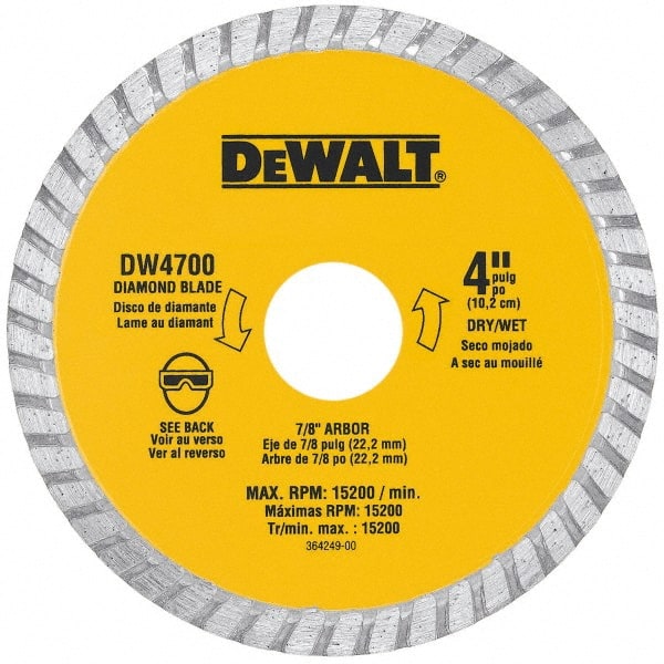 DeWALT - 4" Diam, 7/8" Arbor Hole Diam, Wet & Dry Cut Saw Blade - Diamond-Tipped, Standard Round Arbor - Exact Tooling