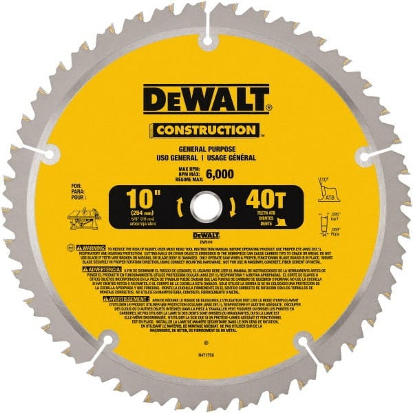 DeWALT - 10" Diam, 5/8" Arbor Hole Diam, 40 Tooth Wet & Dry Cut Saw Blade - Carbide-Tipped, General Purpose Action, Standard Round Arbor - Exact Tooling