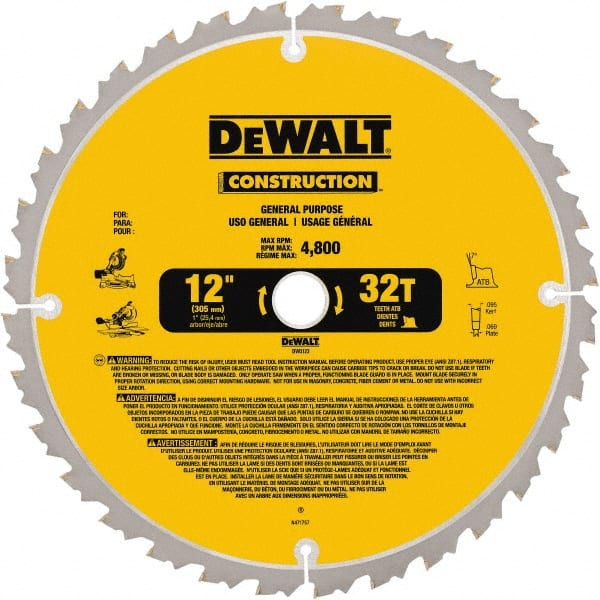DeWALT - 12" Diam, 1" Arbor Hole Diam, 32 Tooth Wet & Dry Cut Saw Blade - Carbide-Tipped, General Purpose Action, Standard Round Arbor - Exact Tooling