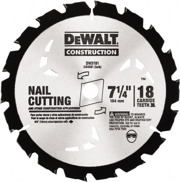 DeWALT - 7-1/4" Diam, 18 Tooth Wet & Dry Cut Saw Blade - Carbide-Tipped, Standard Round Arbor - Exact Tooling