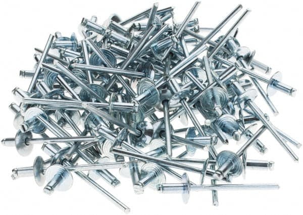 Value Collection - Size 42 Large Flange Dome Head Steel Open End Blind Rivet - Steel Mandrel, 0.032" to 1/8" Grip, 3/8" Head Diam, 0.129" to 0.133" Hole Diam, 0.275" Length Under Head, 1/8" Body Diam - Exact Tooling