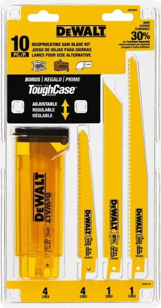 DeWALT - 10 Pieces, 6" to 9" Long x 0.04" Thickness, Bi-Metal Reciprocating Saw Blade Set - Straight Profile, 6 to 18 Teeth, Toothed Edge - Exact Tooling