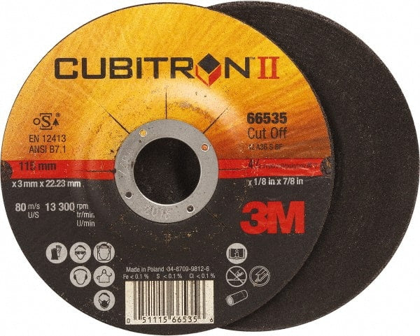 3M - 36 Grit, 4-1/2" Wheel Diam, 1/8" Wheel Thickness, 7/8" Arbor Hole, Type 27 Depressed Center Wheel - Ceramic, Resinoid Bond, S Hardness, 13,300 Max RPM - Exact Tooling