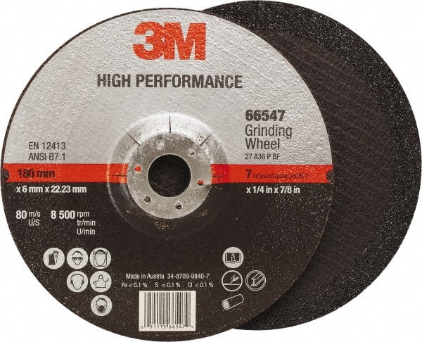 3M - 36 Grit, 7" Wheel Diam, 1/4" Wheel Thickness, 7/8" Arbor Hole, Type 27 Depressed Center Wheel - Ceramic, Resinoid Bond, 8,500 Max RPM, Compatible with Angle Grinder - Exact Tooling