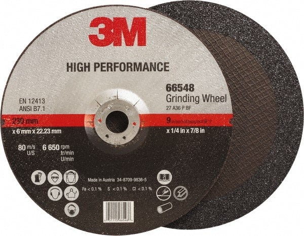 3M - 36 Grit, 9" Wheel Diam, 1/4" Wheel Thickness, 7/8" Arbor Hole, Type 27 Depressed Center Wheel - Ceramic, Resinoid Bond, 6,650 Max RPM, Compatible with Angle Grinder - Exact Tooling