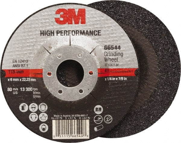 3M - 36 Grit, 4-1/2" Wheel Diam, 1/4" Wheel Thickness, 7/8" Arbor Hole, Type 27 Depressed Center Wheel - Ceramic, Resinoid Bond, 13,300 Max RPM, Compatible with Angle Grinder - Exact Tooling