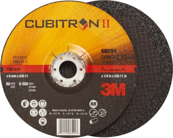 3M - 36 Grit, 7" Wheel Diam, 1/4" Wheel Thickness, Type 27 Depressed Center Wheel - Ceramic, Resinoid Bond, 8,500 Max RPM, Compatible with Angle Grinder - Exact Tooling