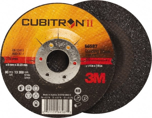 3M - 36 Grit, 4-1/2" Wheel Diam, 1/4" Wheel Thickness, 7/8" Arbor Hole, Type 27 Depressed Center Wheel - Ceramic, Resinoid Bond, 13,300 Max RPM, Compatible with Angle Grinder - Exact Tooling
