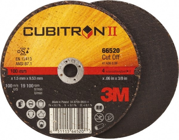 3M - 4" 36 Grit Ceramic Cutoff Wheel - 0.06" Thick, 3/8" Arbor, 19,100 Max RPM, Use with Angle Grinders - Exact Tooling