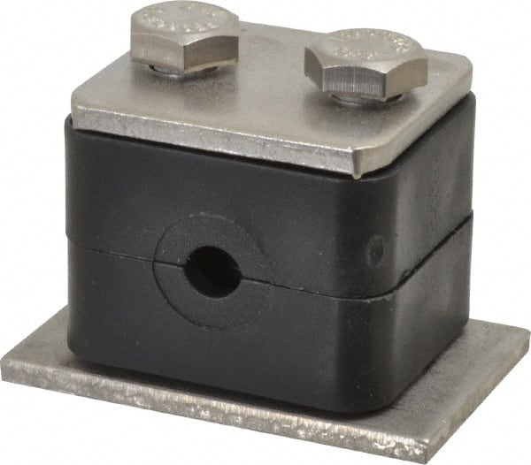 HYDAC - 1.42" Wide x 1.26" High x 1.18" Deep, Polypropylene Standard Duty Stainless Vibration-Control Clamp - Stainless Steel Plate, Mount with Weld Plate, Top Plate, Plastic Clamp Pair, Bolts - Exact Tooling